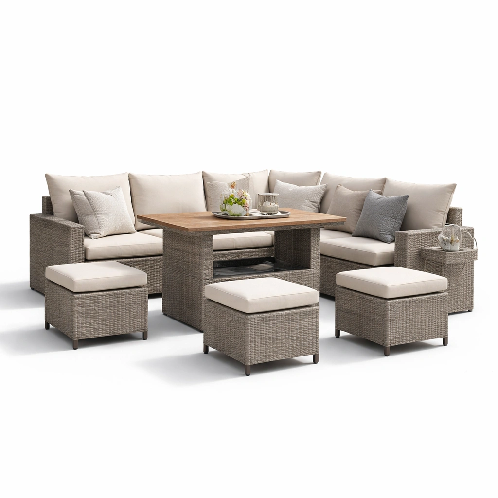 Rattan Lounge Set mit Tisch und Hockern