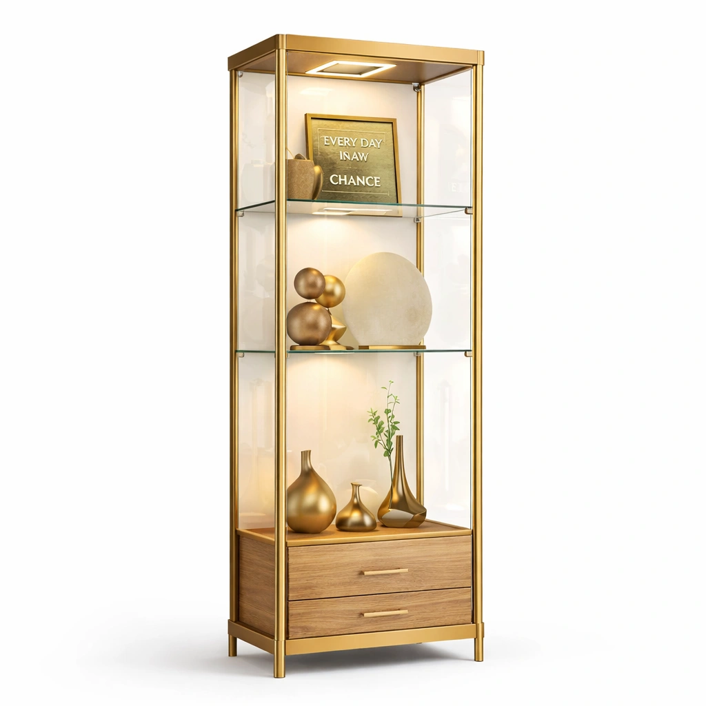 Vitrinenschrank Glas Gold mit Schubladen