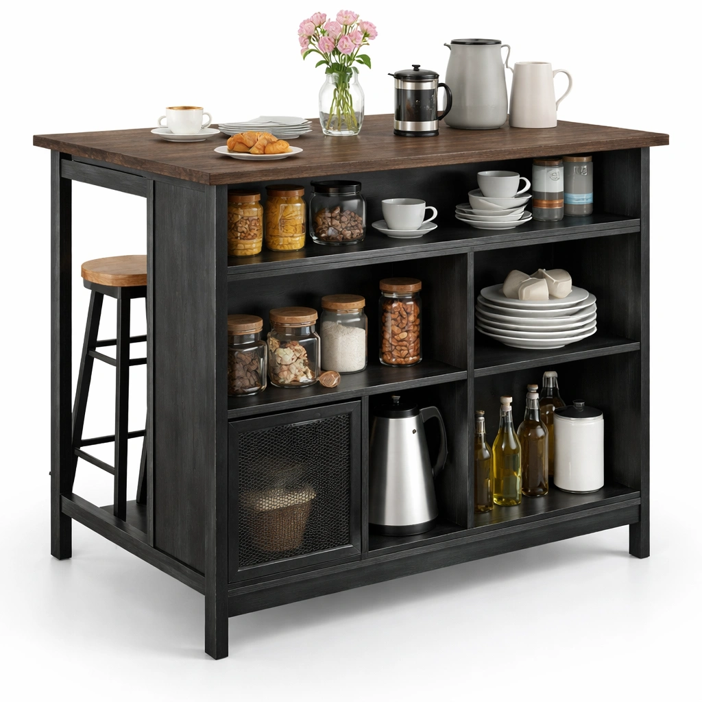 Kuecheninsel mit Stauraum und Holzplatte Schwarz