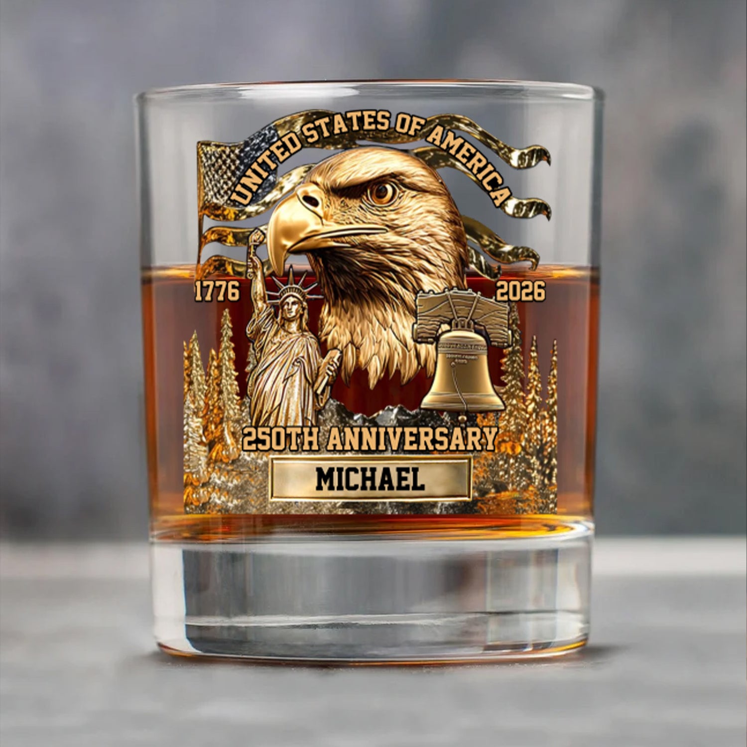 Personalized USA 250th Anniversary Whiskey Glass - Custom Name Patriotic Eagle & Liberty Bell Rocks Glass
