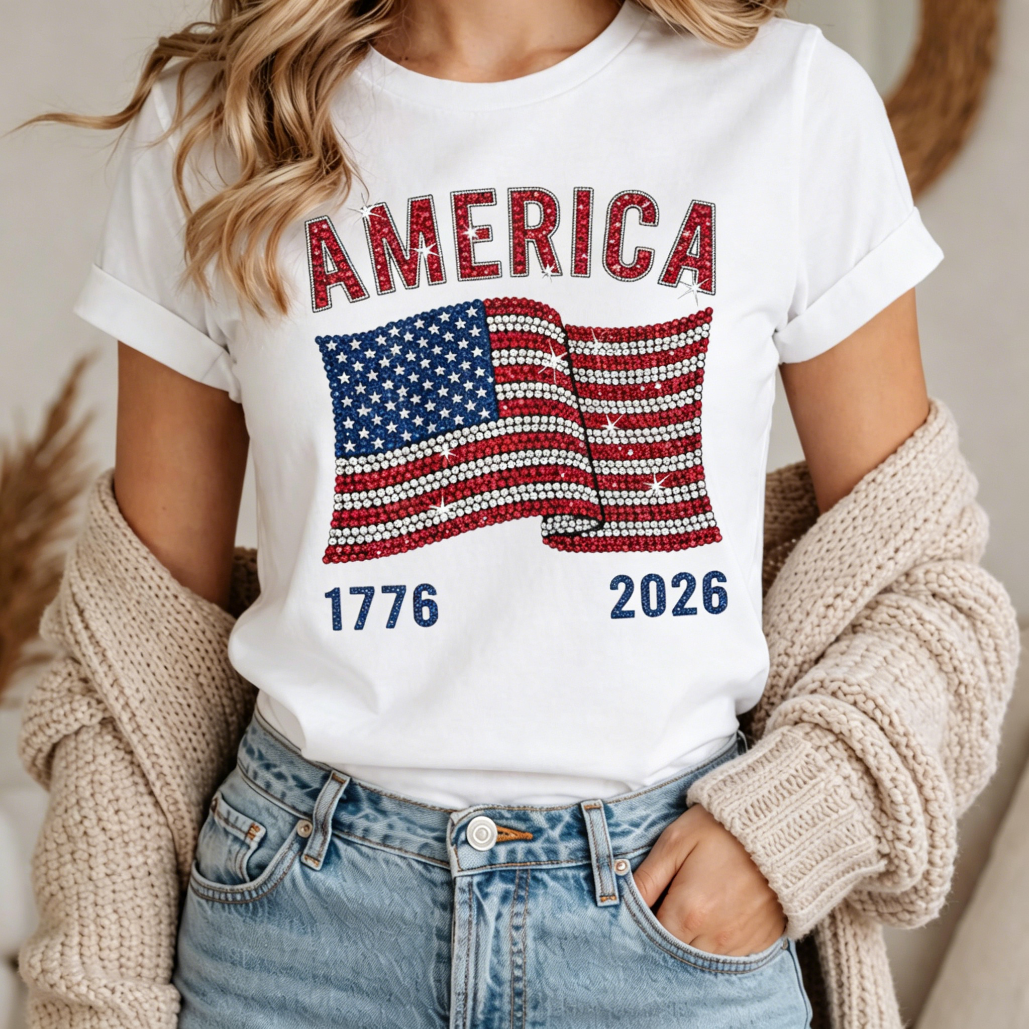 America 250 Shirt for Women, 1776 2026 Patriotic Tee, Fourth of July Sparkle USA Anniversary Shirt