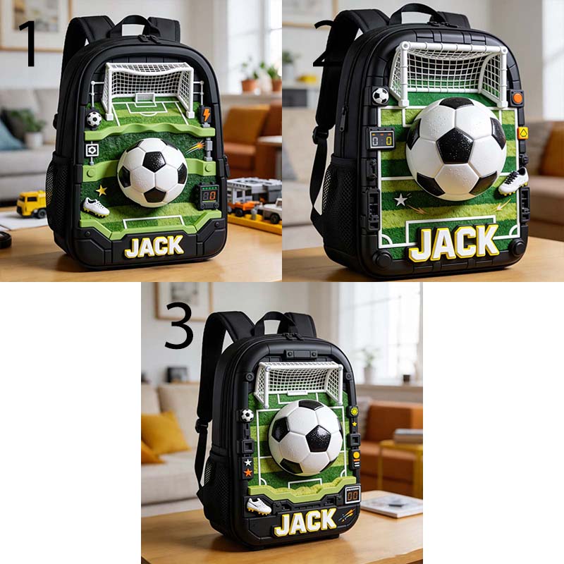 Personalized football boots and sports-themed backpacks
