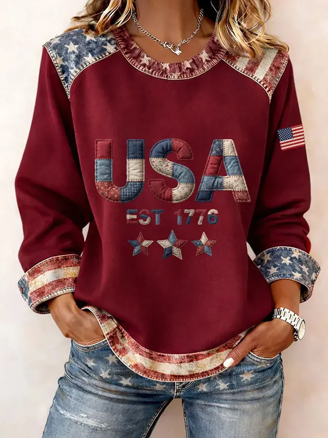 Women’s USA EST 1776 Patchwork Print Crewneck Sweatshirt