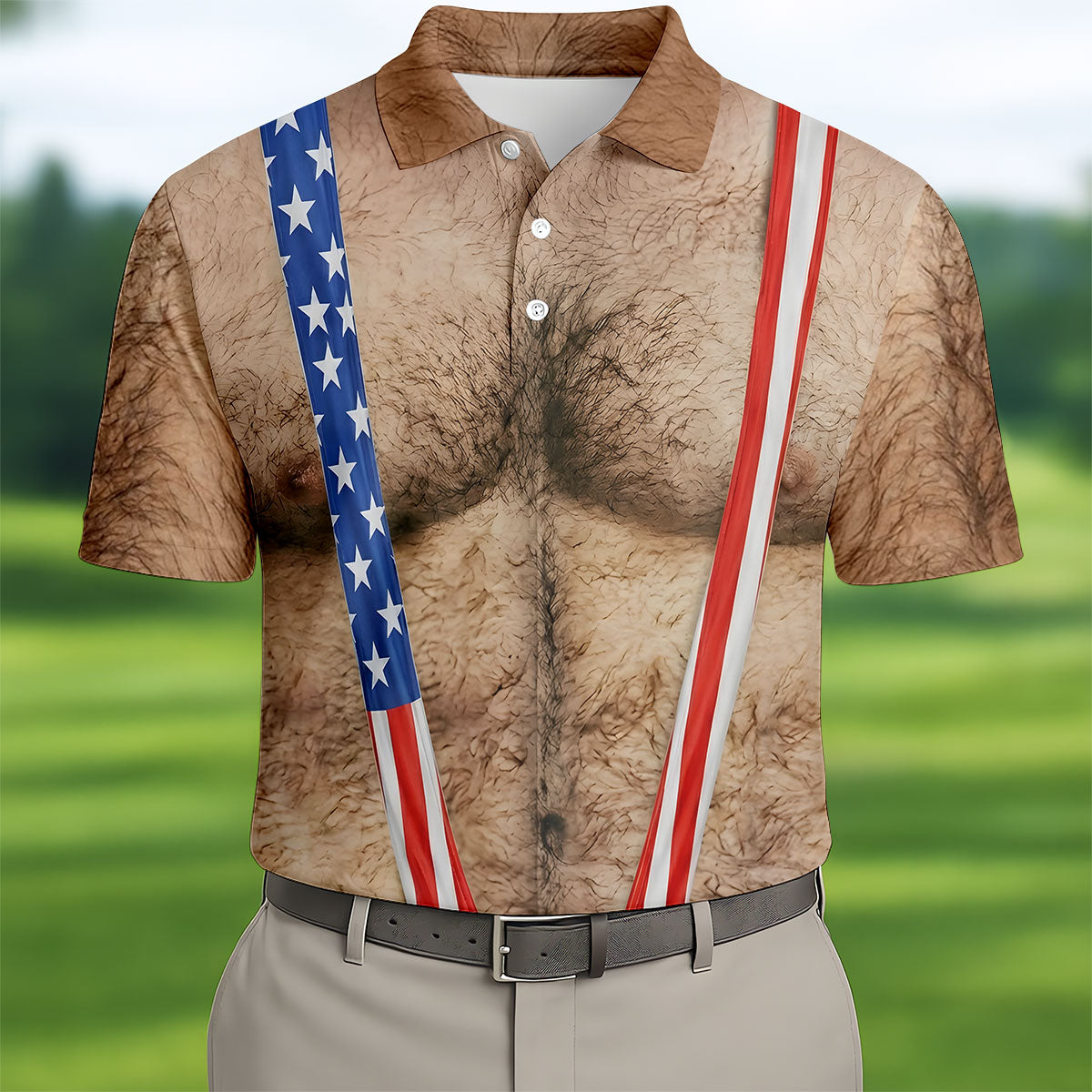 Men’s Novelty Golf Polo - 3D Realistic Chest Print American Flag Strap Patriotic Performance Shirt