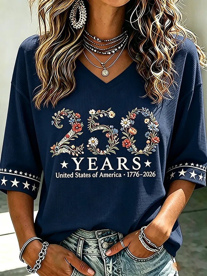 [Copy]Women’s 250 Years USA 1776-2026 Floral Print V-Neck Top
