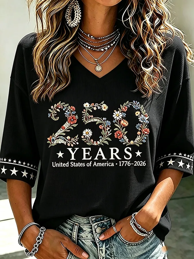 [Copy]Women’s 250 Years USA 1776-2026 Floral Print V-Neck Top