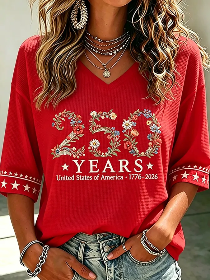 [Copy]Women’s 250 Years USA 1776-2026 Floral Print V-Neck Top