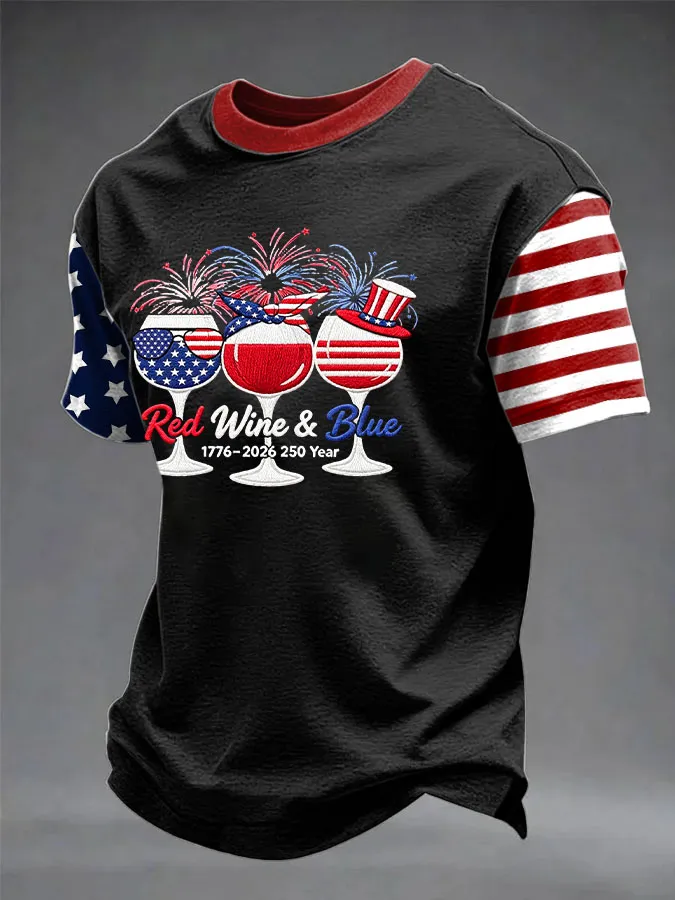 Men's Retro 1776–2026 250 Year Red Wine & Blue Printed Top