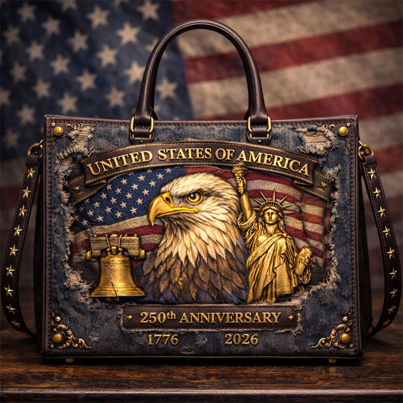 U.S. 250th Anniversary Denim & Leather Tote Bag - Bald Eagle, Statue of Liberty & Liberty Bell Heritage Design