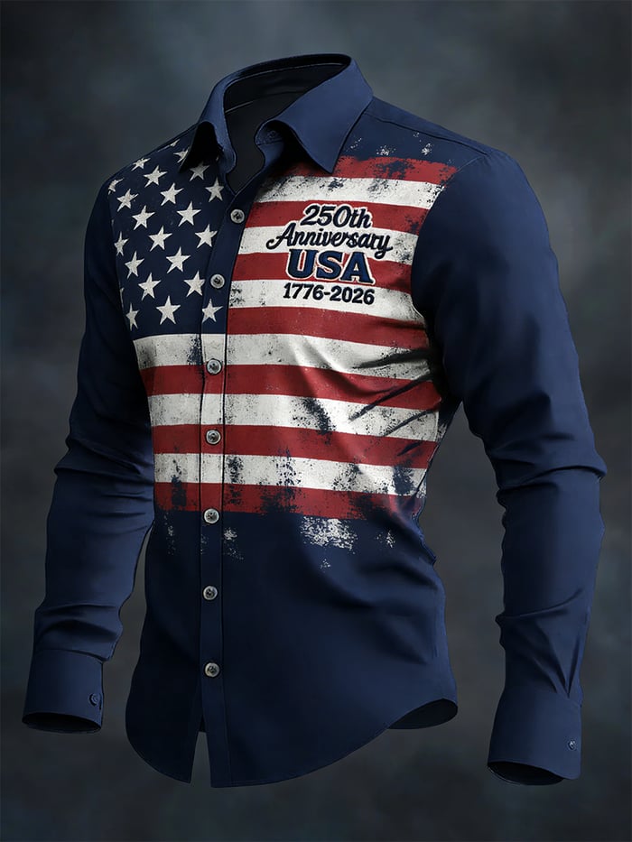 Men's Retro 250th Anniversary American Flag Long-Sleeve Shirt