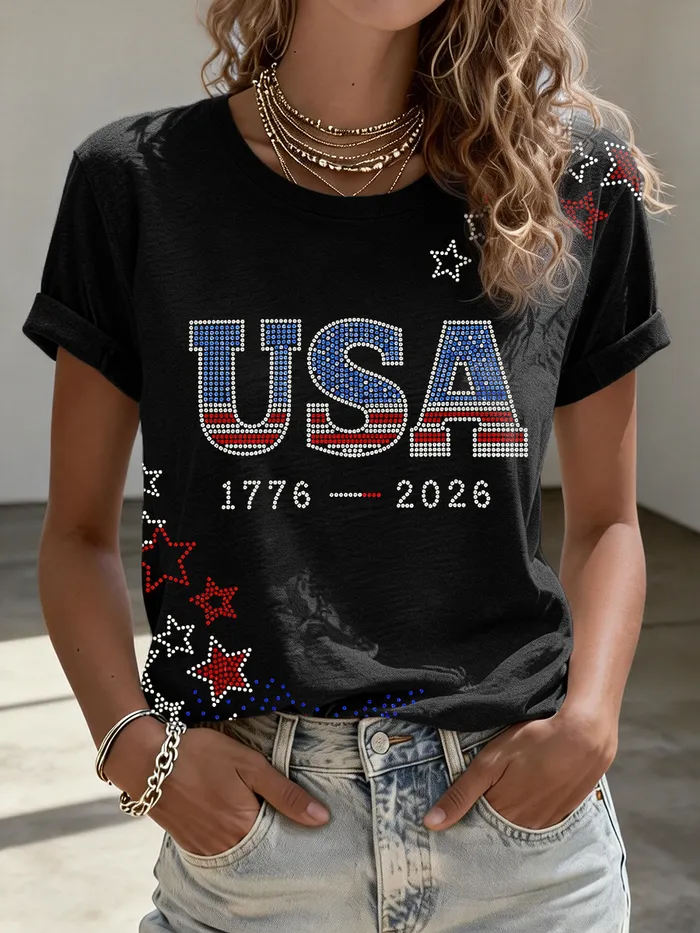 Women’s USA 1776-2026 Rhinestone Star Print Black Short Sleeve T-Shirt