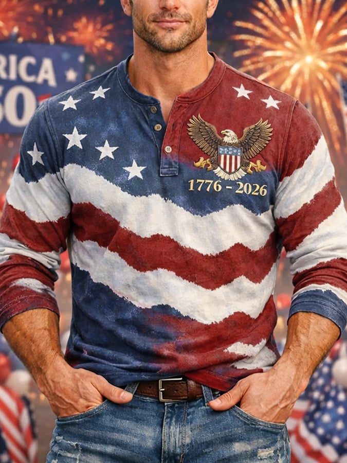 Men's American 250th Anniversary Commemorative Print Henley Shirt