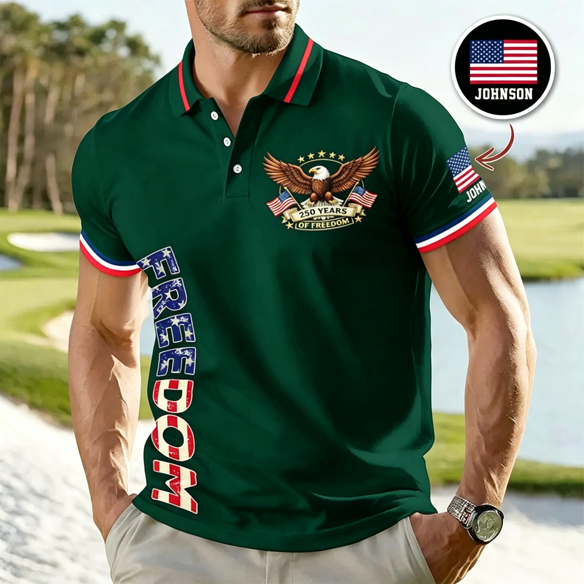 Custom USA 250th Anniversary Freedom Eagle Polo Shirt | Personalized Patriotic Golf Polo