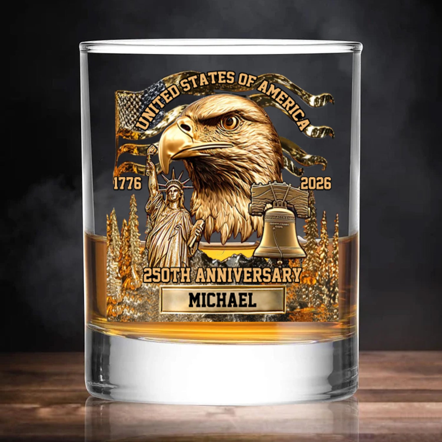 Personalized USA 250th Anniversary Whiskey Glass - Custom Name Patriotic Eagle & Liberty Bell Rocks Glass