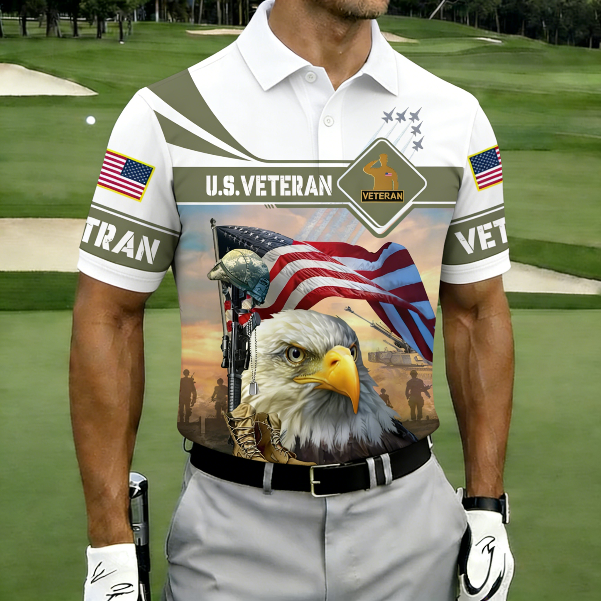 Men's U.S. Veteran Patriotic American Flag Bald Eagle Military Golf Polo Shirt-Multiple Color Options