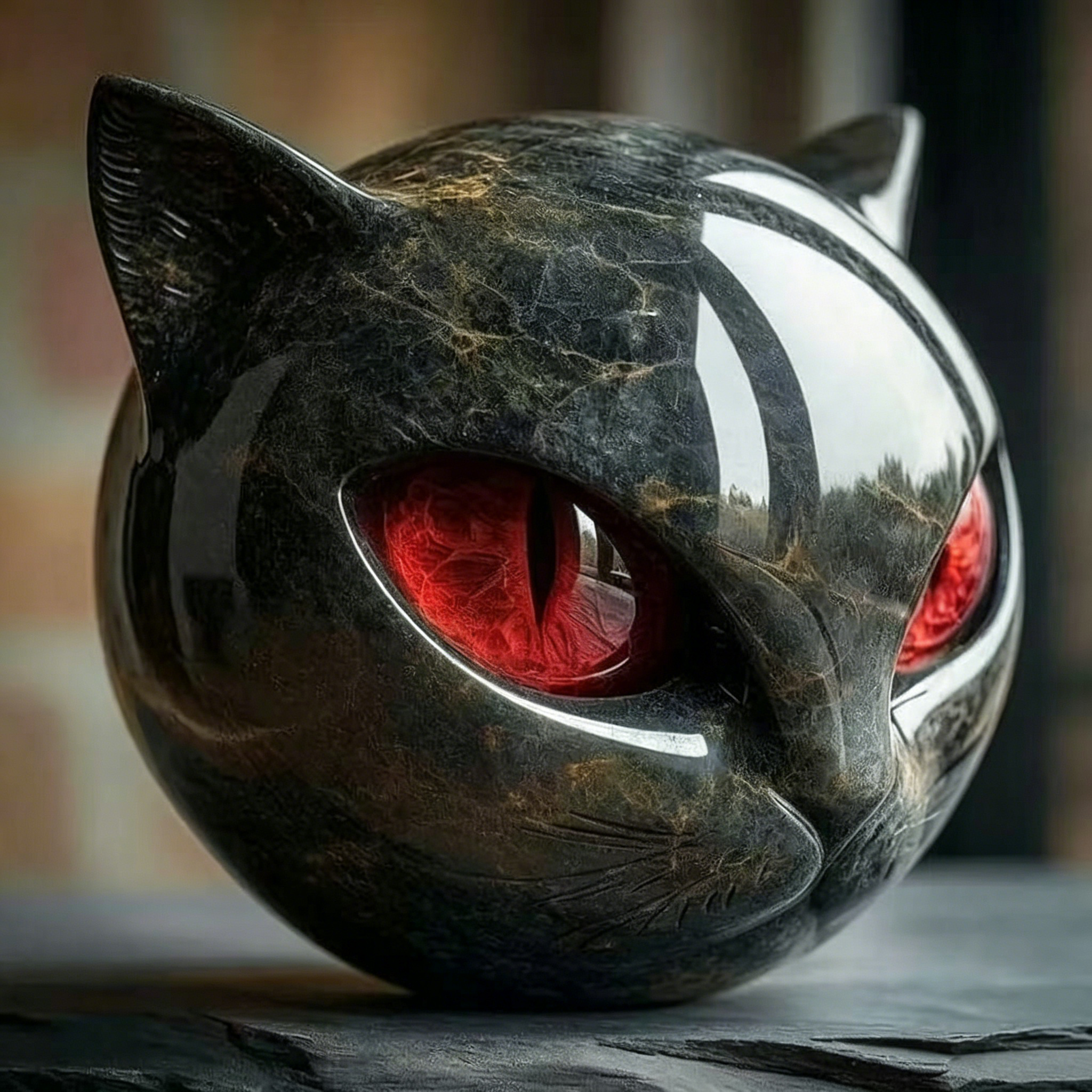 Obsidian Marble Cat Head Decorative Ornament