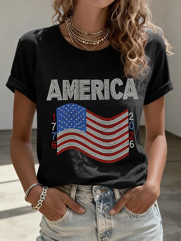 Women’s AMERICA 1776-2026 USA Flag Rhinestone Black Short Sleeve T-Shirt