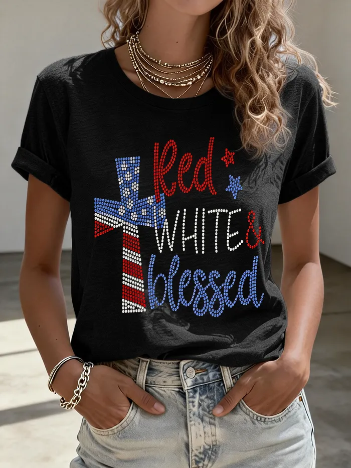 Women’s Red White & Blessed USA Flag Cross Rhinestone Black Short Sleeve T-Shirt