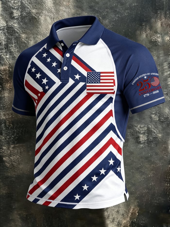 Men's American Flag Print Polo Shirt