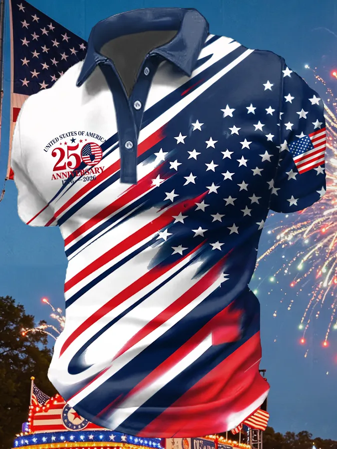 USA 250th Anniversary Flag Print Polo Shirt