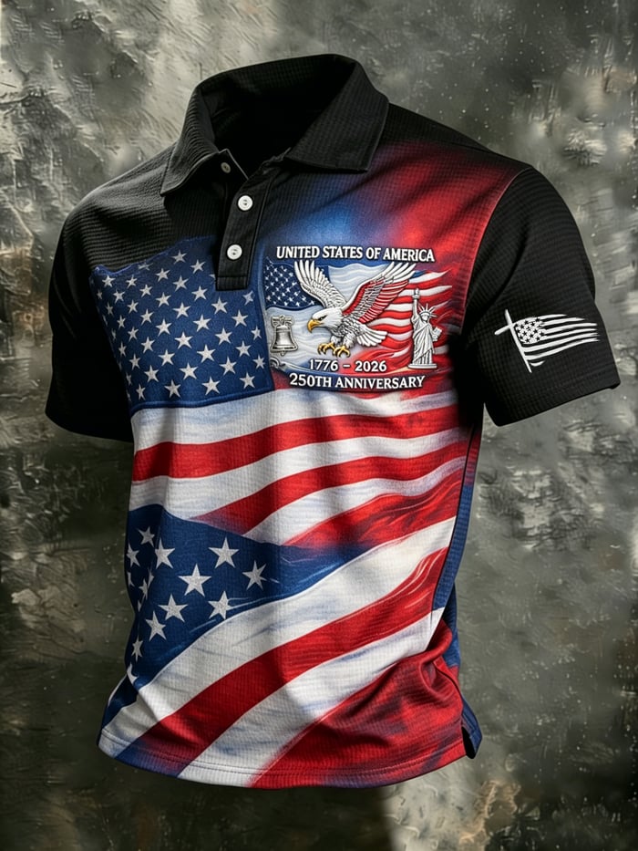 Men's American Flag Print Polo Shirt