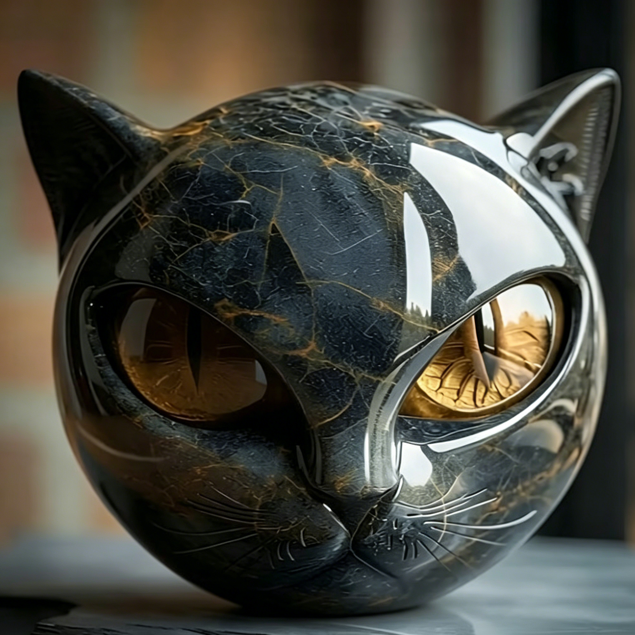 Obsidian Marble Cat Head Decorative Ornament