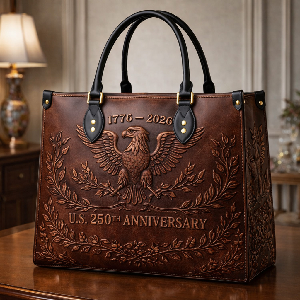 U.S. 250th Anniversary Leather Tote Bag - Embossed Bald Eagle Heritage Design
