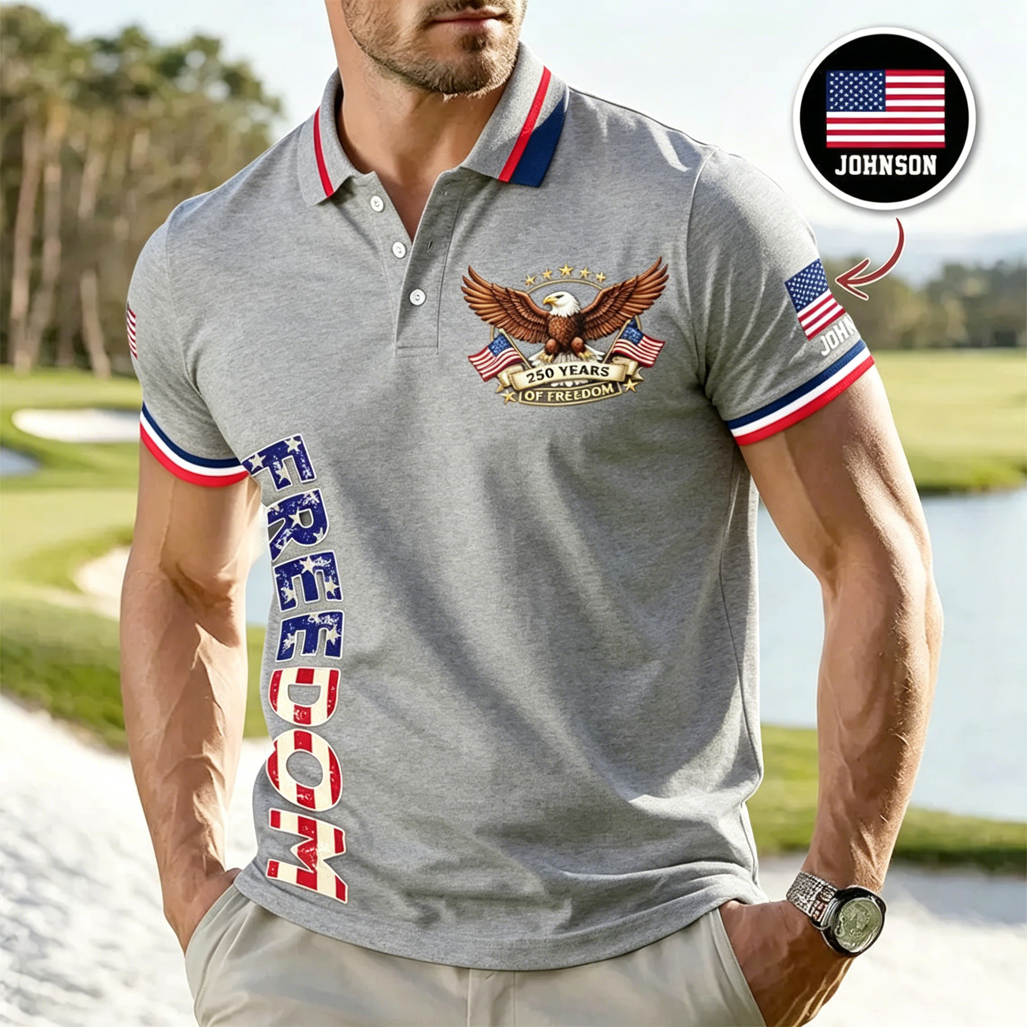Custom USA 250th Anniversary Freedom Eagle Polo Shirt | Personalized Patriotic Golf Polo