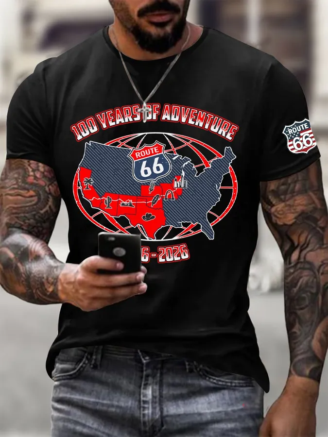 Men's Vintage USA Flag Road Trip Print Round Neck T-shirt