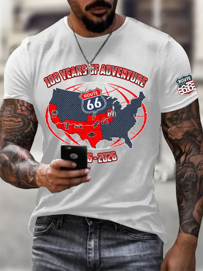 Men's Vintage USA Flag Road Trip Print Round Neck T-shirt