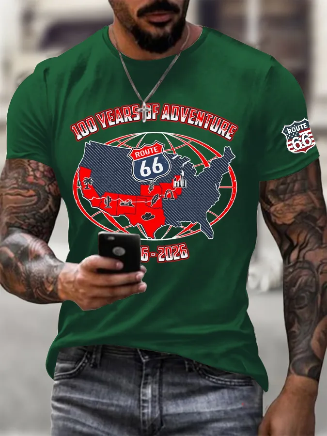 Men's Vintage USA Flag Road Trip Print Round Neck T-shirt