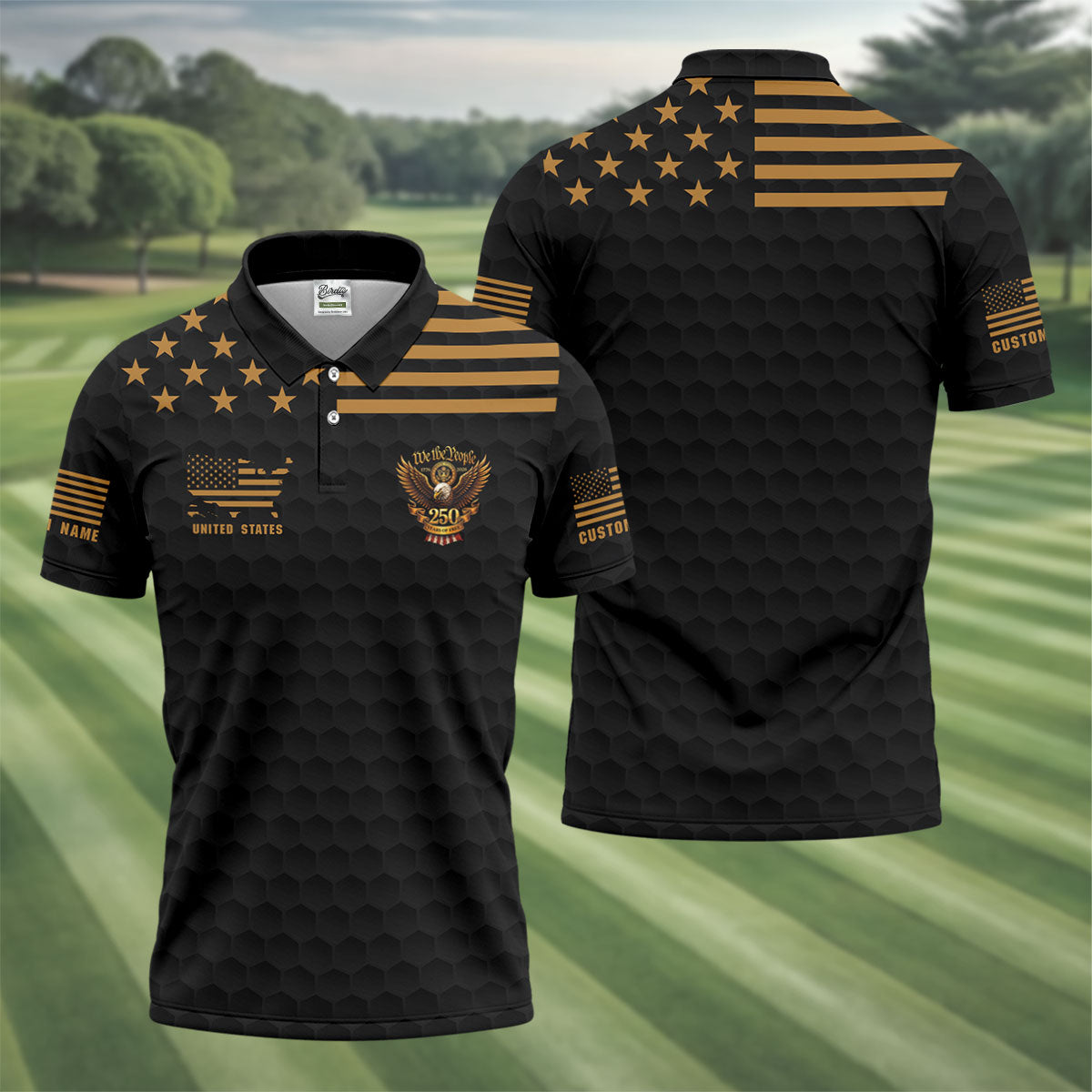 We The People 250 Years Golf Ball Pattern Black Golf Shirt, 4th Of July Patriotic Golf Shirts For Men