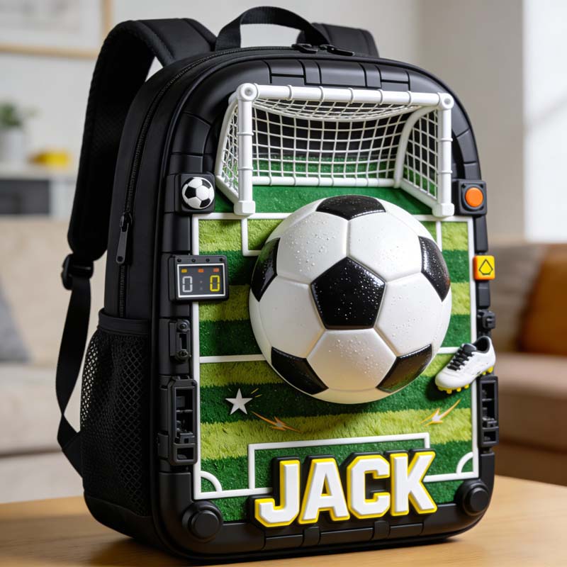 Personalized football boots and sports-themed backpacks