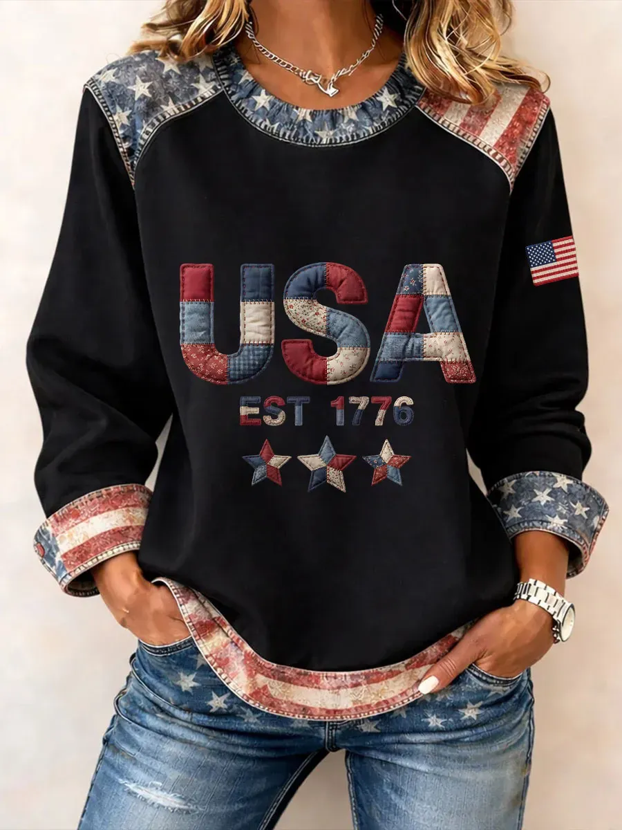 Women’s USA EST 1776 Patchwork Print Crewneck Sweatshirt