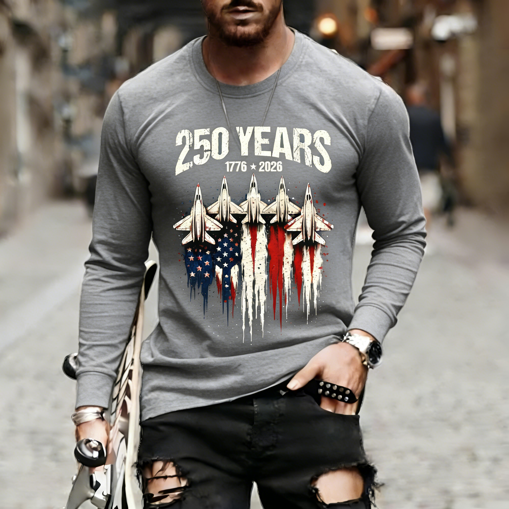 Men's Retro 250th Anniversary of the United States Independence Day Fighter Jet Long Sleeve T-Shirt
