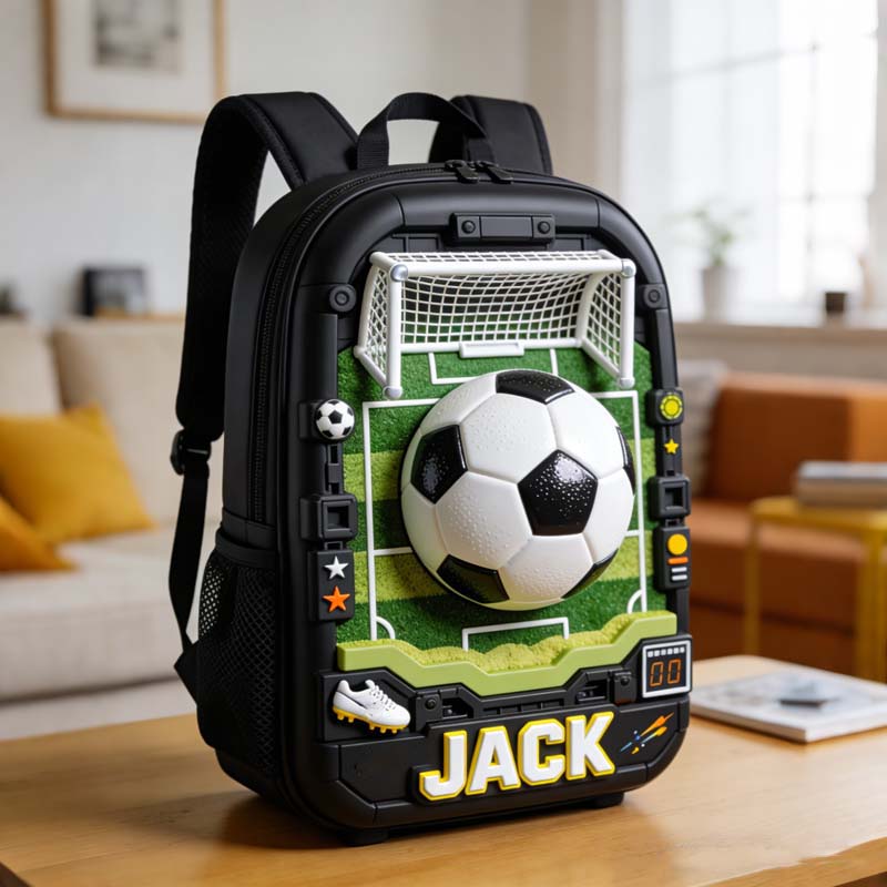 Personalized football boots and sports-themed backpacks