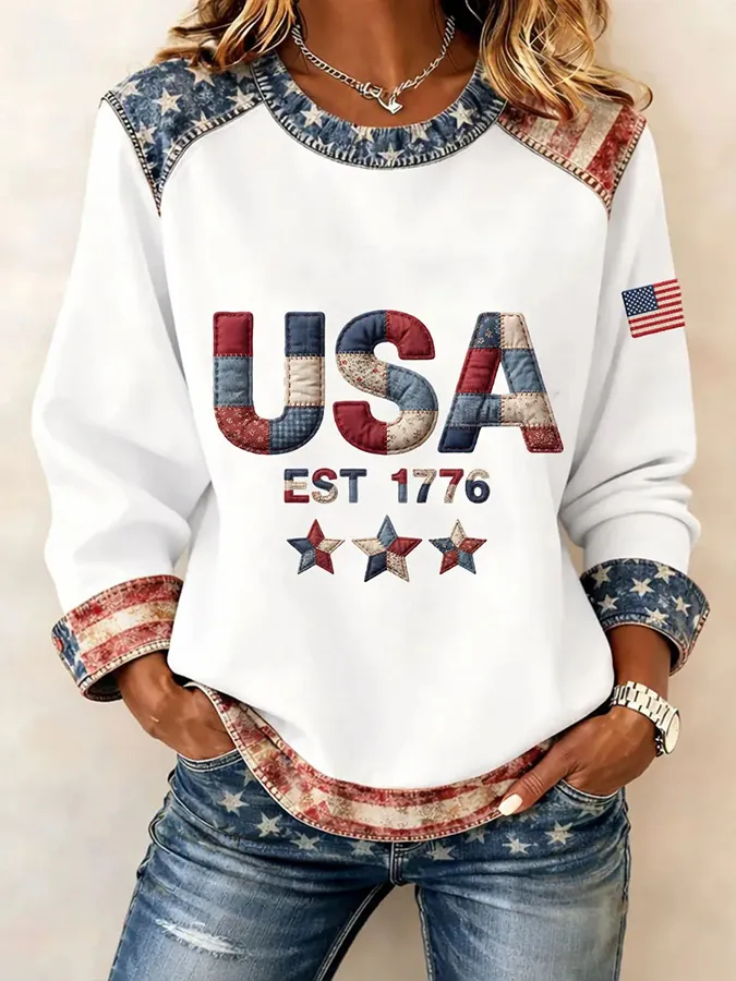 Women’s USA EST 1776 Patchwork Print Crewneck Sweatshirt