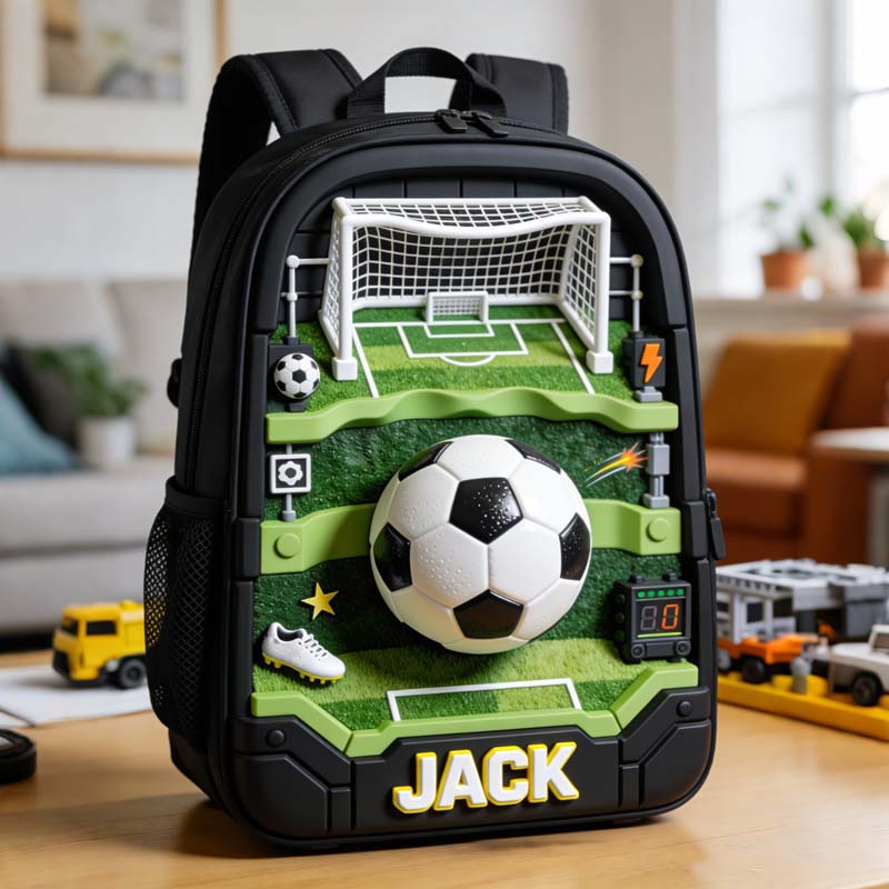 Personalized football boots and sports-themed backpacks