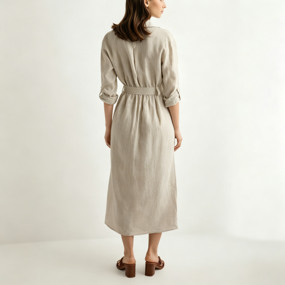 Beige linen midi dress