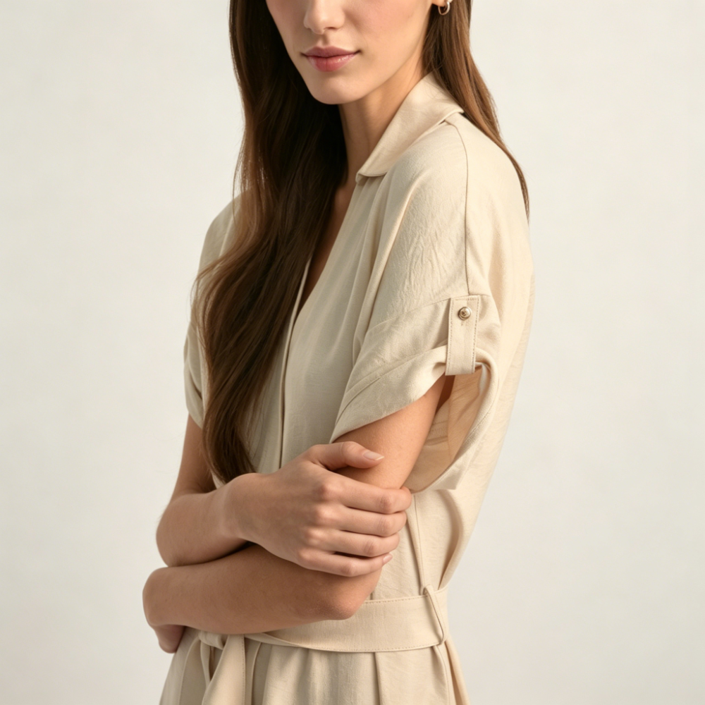 Light beige long dress with short sleeves