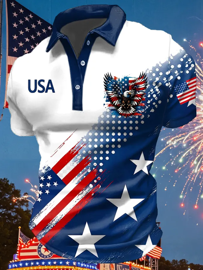USA Eagle Flag Star Print Polo Shirt