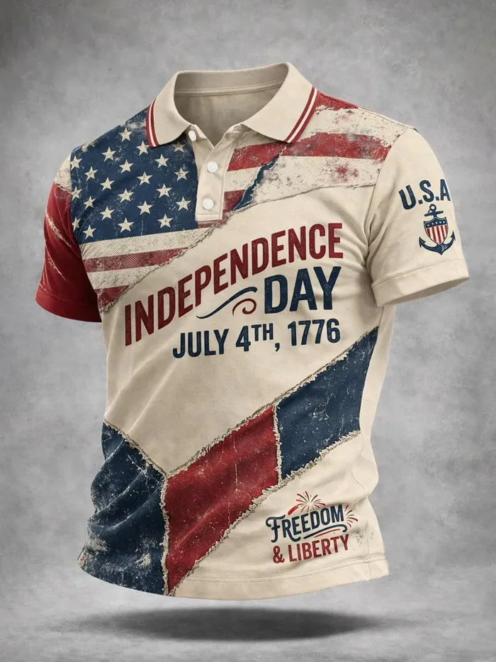Men's Independence Day USA Flag Print Casual Patriotic Polo