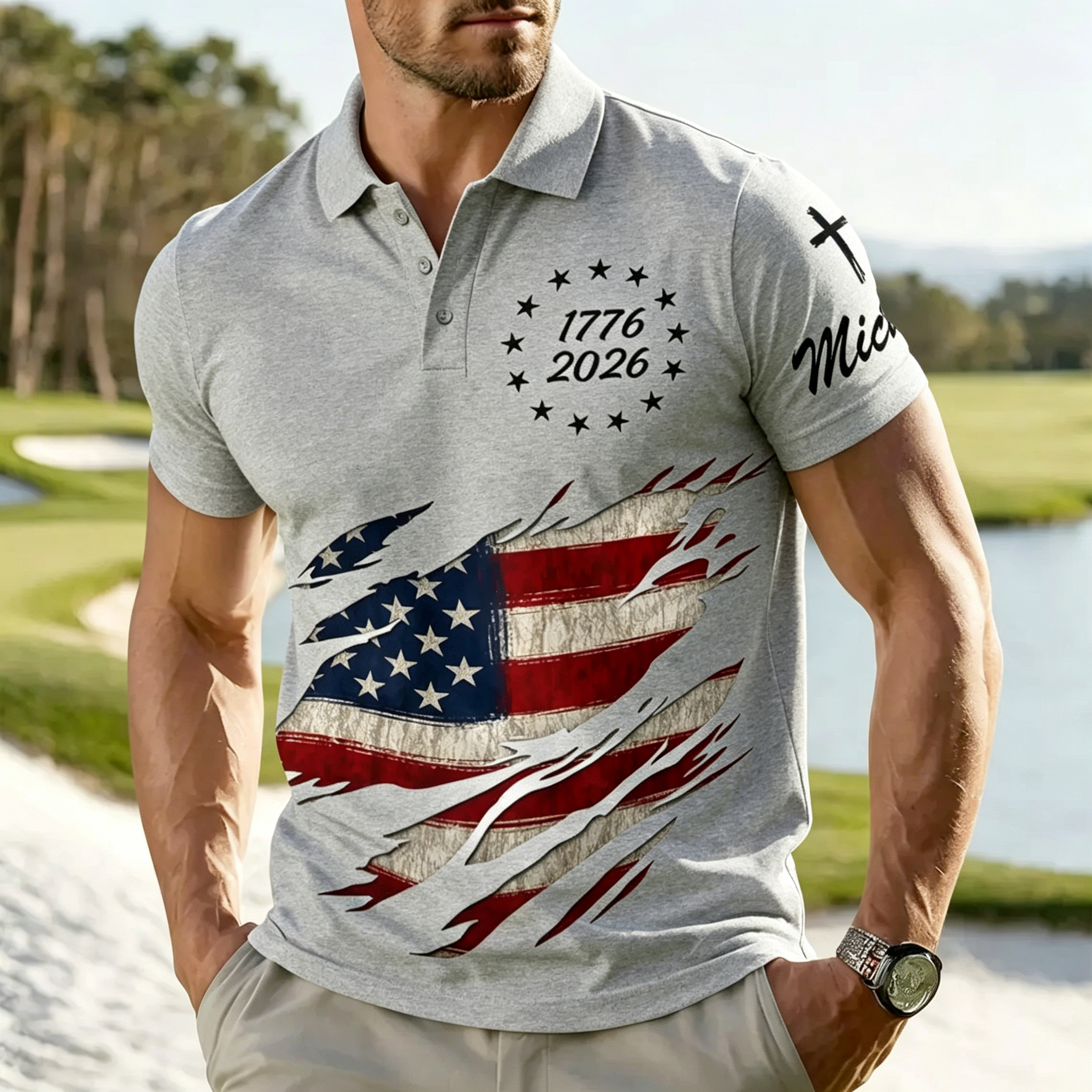 USA 1776-2026 250th Anniversary Distressed Flag Patriotic Golf Polo Shirt