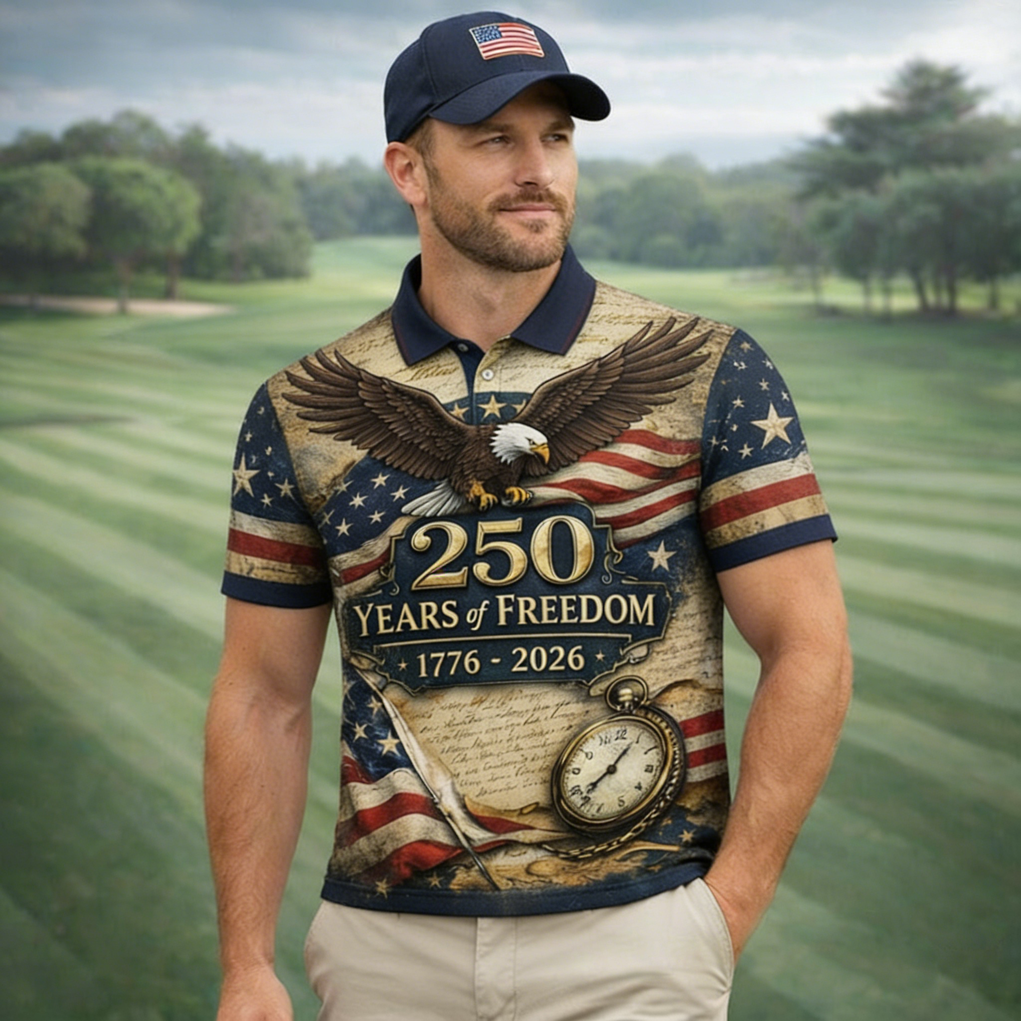 [Copy]250th Anniversary USA Polo Shirt, Patriotic American Flag Eagle Golf Shirt