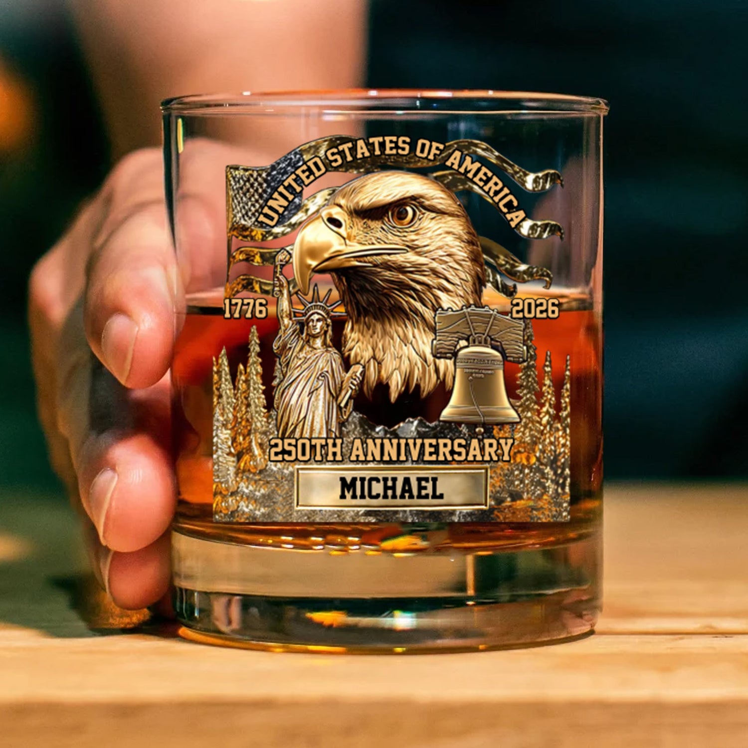 Personalized USA 250th Anniversary Whiskey Glass - Custom Name Patriotic Eagle & Liberty Bell Rocks Glass