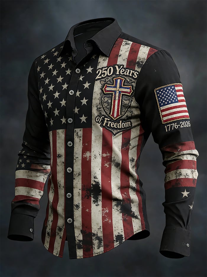 Men's Retro 250th Anniversary American Flag Long-Sleeve Shirt