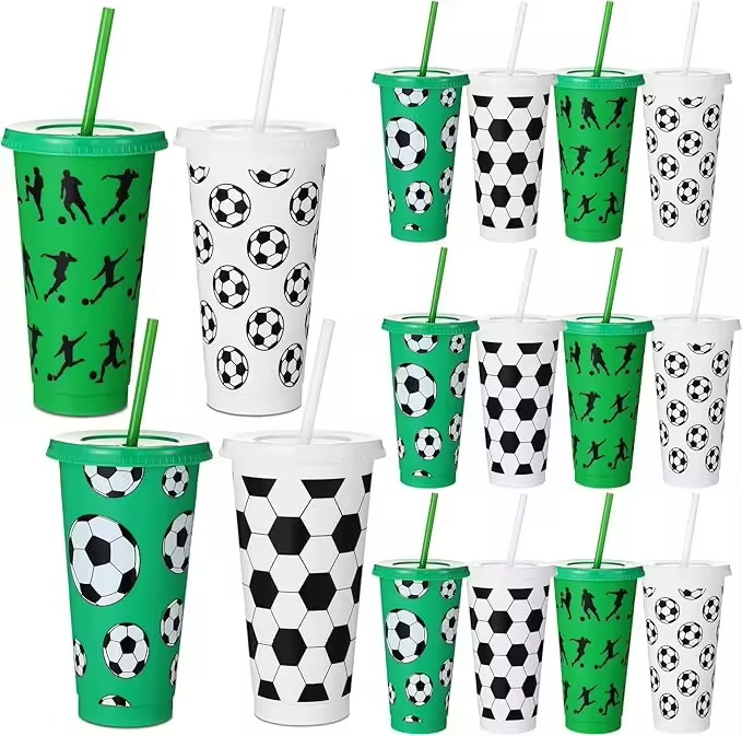⚽ 24oz Reusable Soccer Theme Tumblers with Lids & Straws