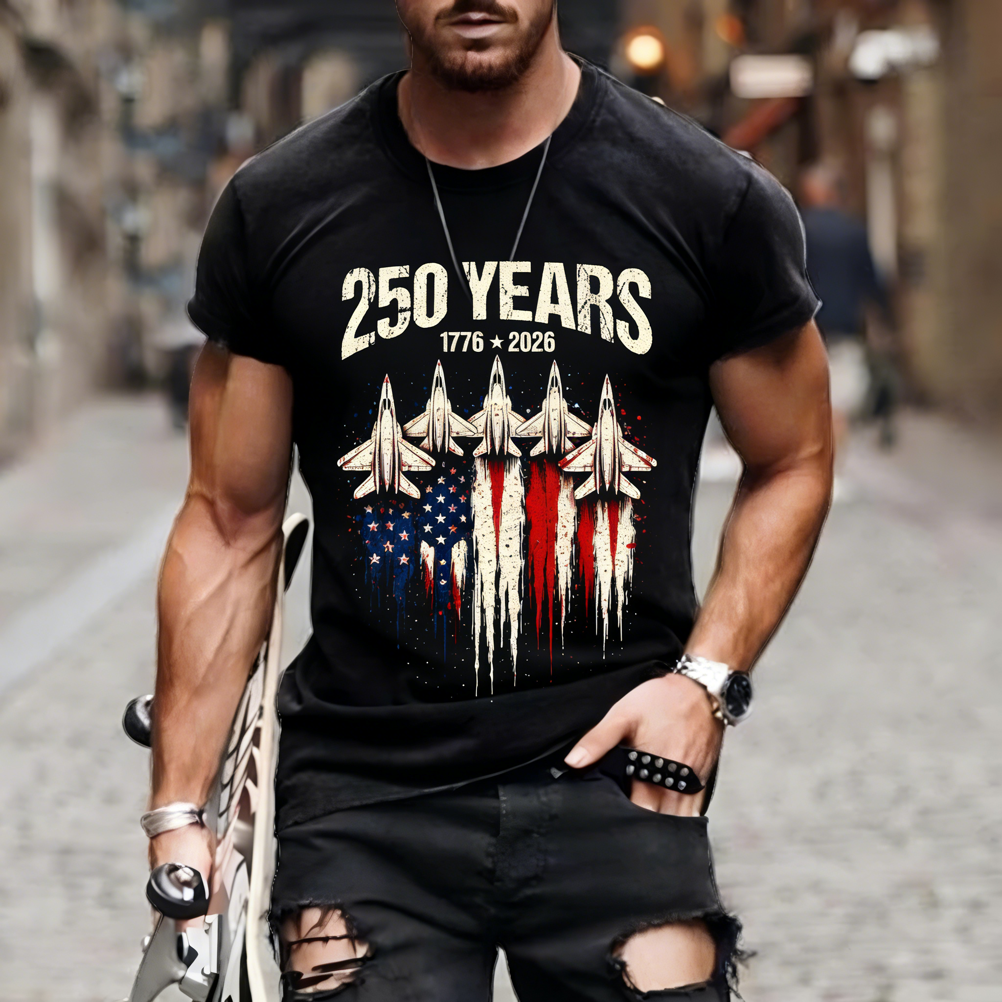 Men's Retro 250th Anniversary of the United States Independence Day Fighter Jet Long Sleeve T-Shirt