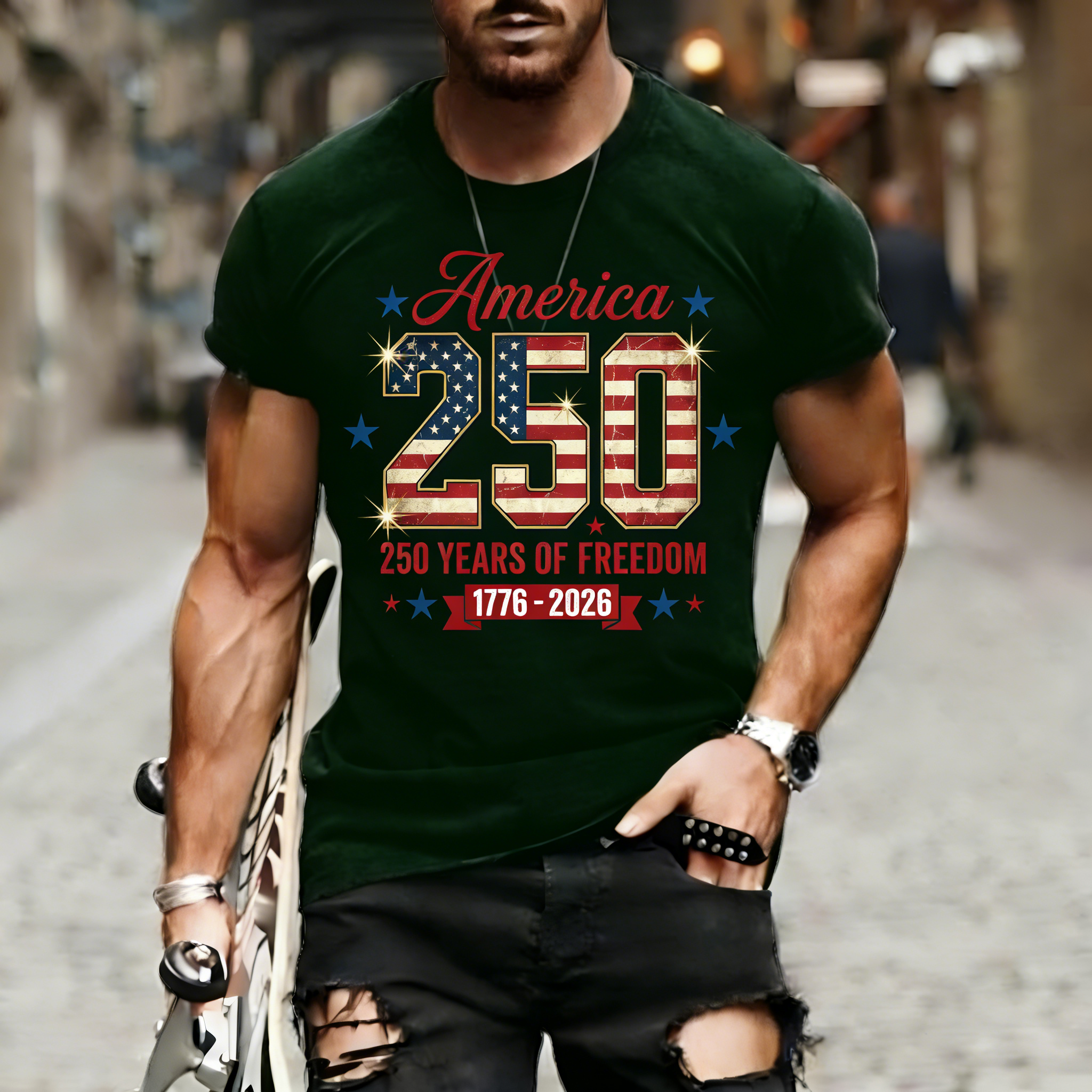 Men's Retro 250th Anniversary of the United States Independence Day America 250 Flag Print T-Shirt