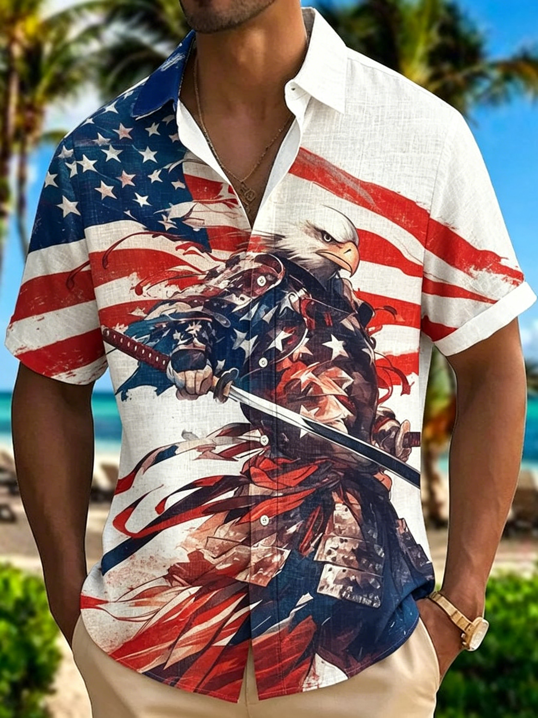 Men's Eagle General Warrior American Flag Ink Painting Print Short Sleeve Shirt Big Tall